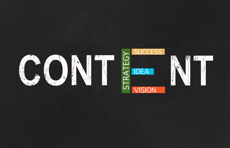 The word content spelled out with colorful blocks for strategy, success, idea, and vision on a law firm content marketing hub.