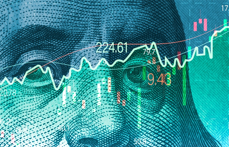 A close-up of currency engraved portrait overlaid with data visualizing Law Firm Financial Management.