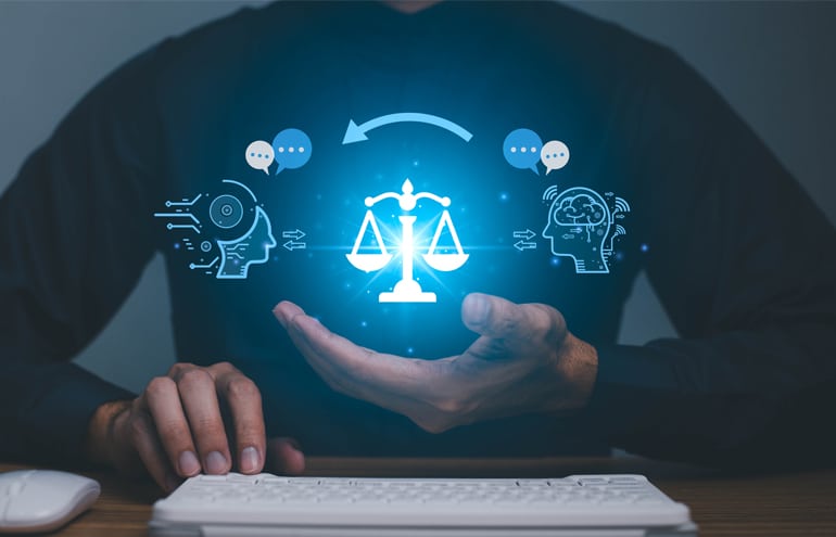 A hand gesturing toward a glowing scales of justice icon between two communicating heads, for lawyer communication skills.