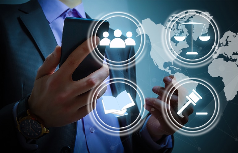 An attorney holding a smartphone near glowing legal and networking icons, representing a lawyer social media strategy.