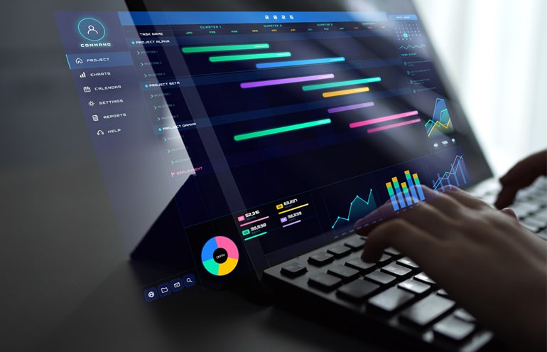 A user's hands typing on a laptop keyboard with a futuristic digital overlay displaying colorful Gantt charts, timelines, and data graphs used for legal project management.