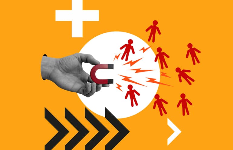 hand with magnate pulling in law firm employee retention with arrows.