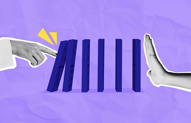 row of dominos being pushed and stopped by a hand, representing the law firm succession planning mistakes and how to address them.