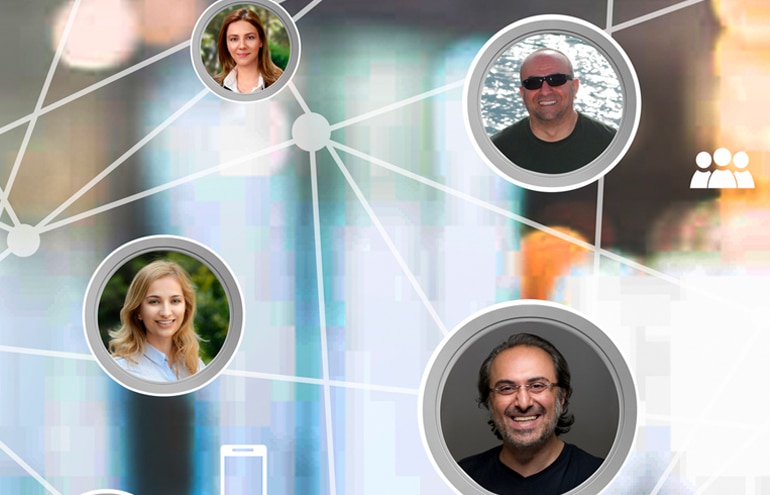 A digital network of connected professional headshots with small people icons, representing a lawyer referral network.
