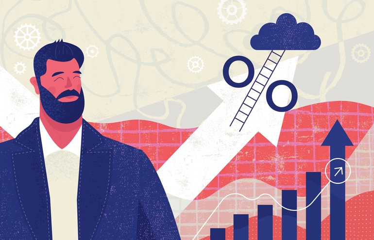 Illustration of an attorney tracking market growth charts, representing business development for lawyers.
