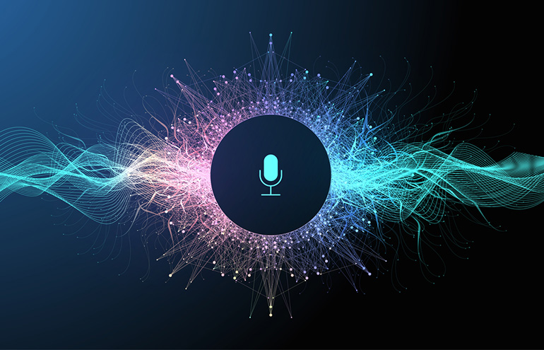 AI note-takers for lawyers, green microphone and colorful sound waves on a dark background