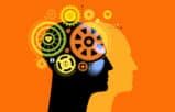 two heads on orange background with geares representing connection and relationships through neuroscience