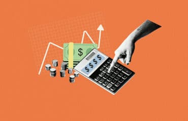 hand using calculator surrounded by cash to calculate flat fee profitability for laweyrs
