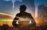 business person, city skyline, representing speed of midsize law firm AI adoption