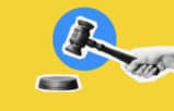 Gavel on yellow and blue background representing court cases that were relied on grammar