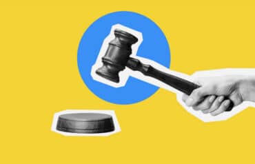 Gavel on yellow and blue background representing court cases that were relied on grammar