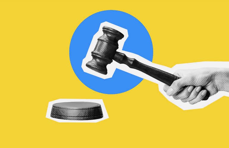 Gavel on yellow and blue background representing court cases that were relied on grammar