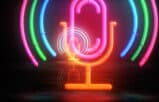 A stylized neon graphic of a microphone on a desk, representing a high-quality professional legal podcast production.