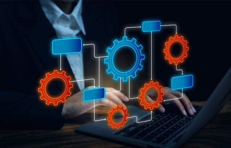Legal professional typing on a laptop with a digital flowchart overlay representing legal workflow automation processes and operational systems.