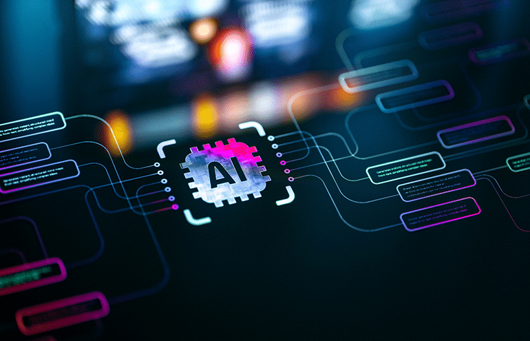 Ai button at the center of a screen showing workflow chart, optimizing AI-enabled workflow for attorneys