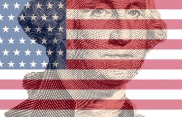 George Washington over a vintage American flag, representing his historic rules of civility.