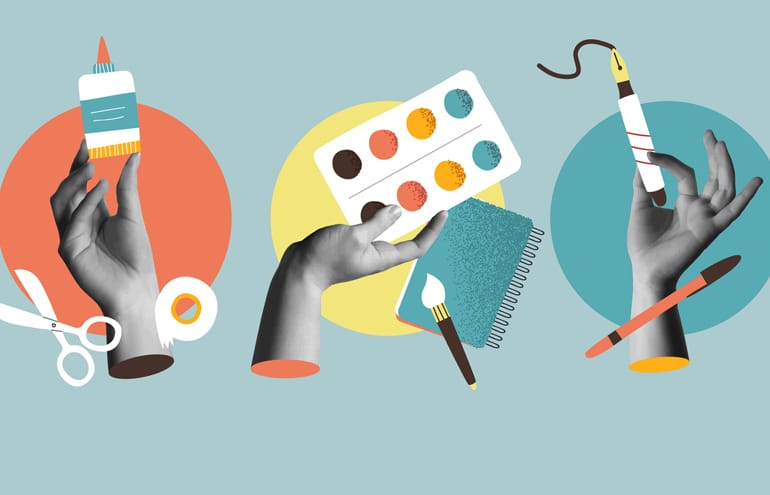 An overhead view of a desk with a watercolor paint set, colored pencils, scissors, and a coffee cup, representing the connection between law firm leadership and creativity.