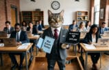 A cat holding a traditional bar exam blue book and pen and a laptop with no internet.