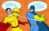 superhero cartoon characters fighting over grammar, grammar snob