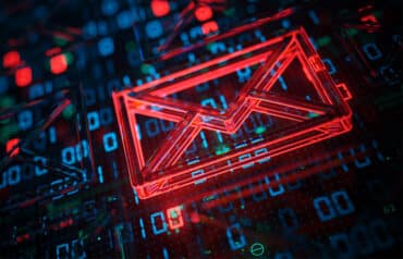 Slashy for email digital illustration showing a glowing red envelope surrounded by data and code streams for law firm inbox management.