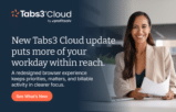 Tabs3 Cloud update interface showing law firm billing software dashboards and features.