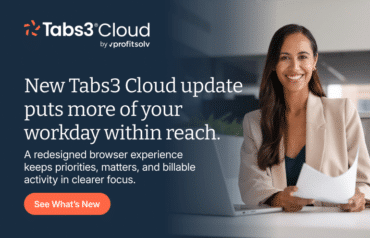 Tabs3 Cloud update interface showing law firm billing software dashboards and features.
