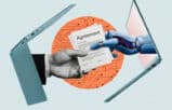 An image showing how lawyers verify AI output, featuring a human lawyer handing over a files to a robotic hand emerging from a laptop screen.