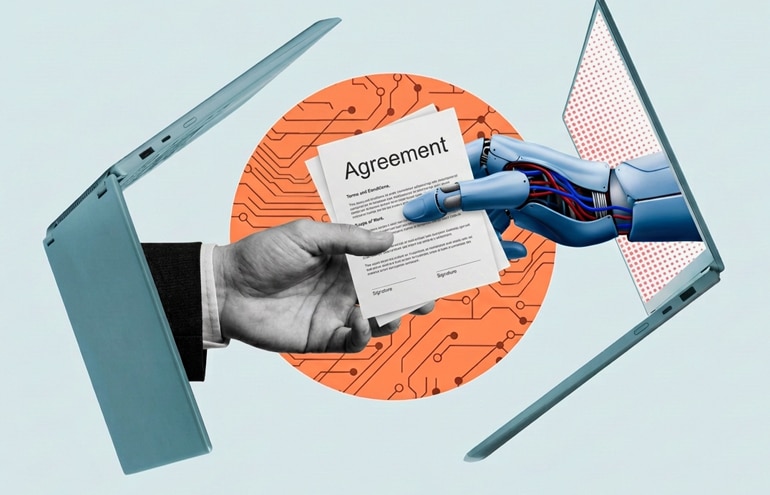 An image showing how lawyers verify AI output, featuring a human lawyer handing over a files to a robotic hand emerging from a laptop screen.