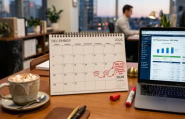 Law firm bookkeeping year-end checklist and financial records with a mug of hot cocoa on the desk.